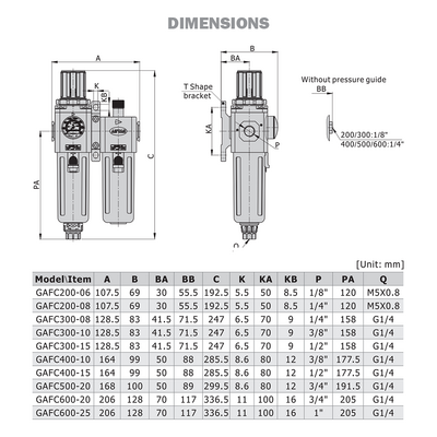 GAFC300C10STK AIRTAC FRL ASSEMBLY GAFC300 SERIES 3/8" NPT P-FILTER-REG, LUB 20-130 PSI 40 MIC MB LP GAUGE INT CHK